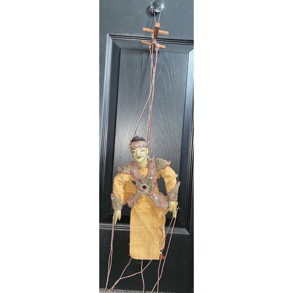 Vintage Burmese Yoke Thé Marionette Prince Gold Sequined 14" Myanmar Puppet